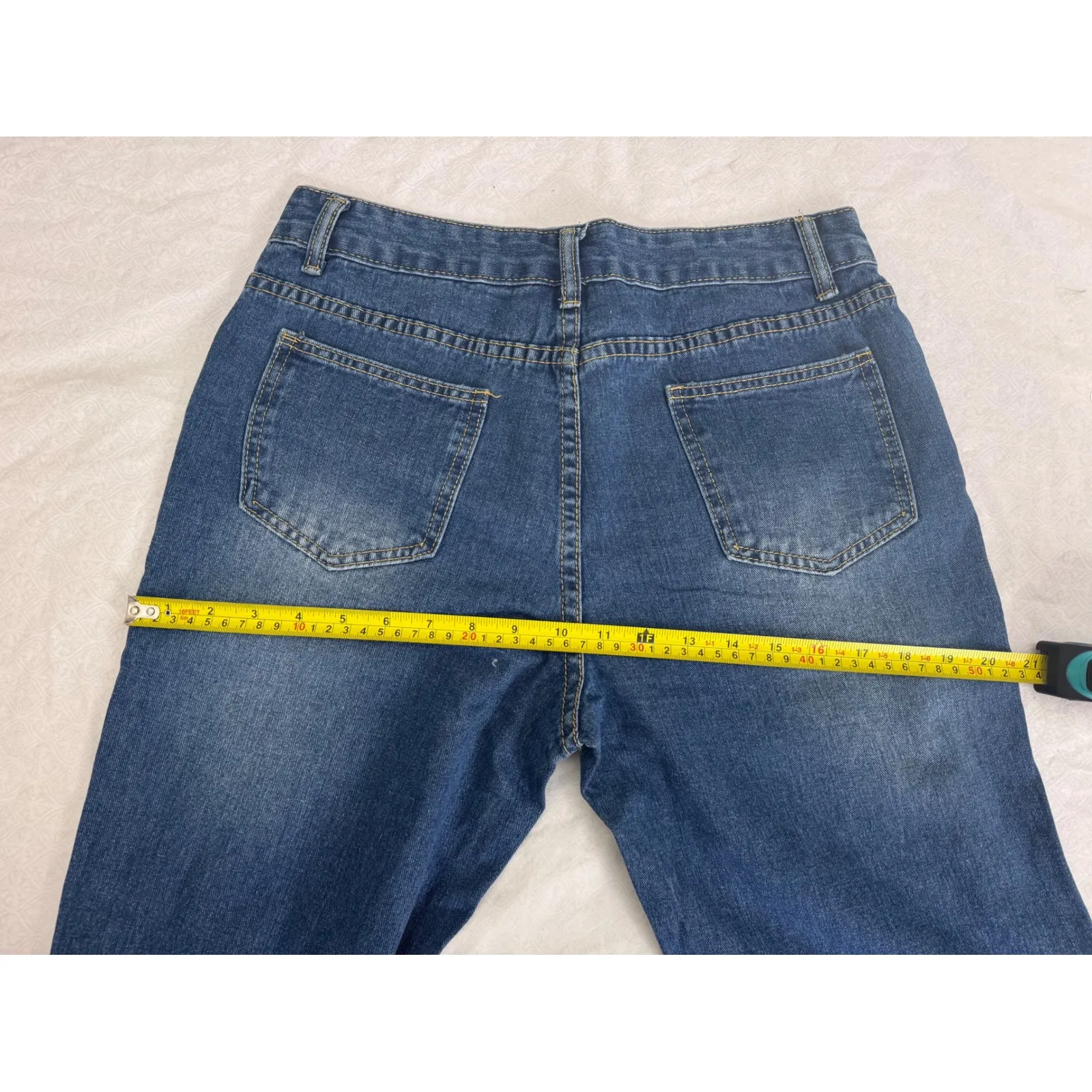 Distressed Jeans Embellished Ripped Denim Colorful‎ Accents Size M/L Blue - Image 7