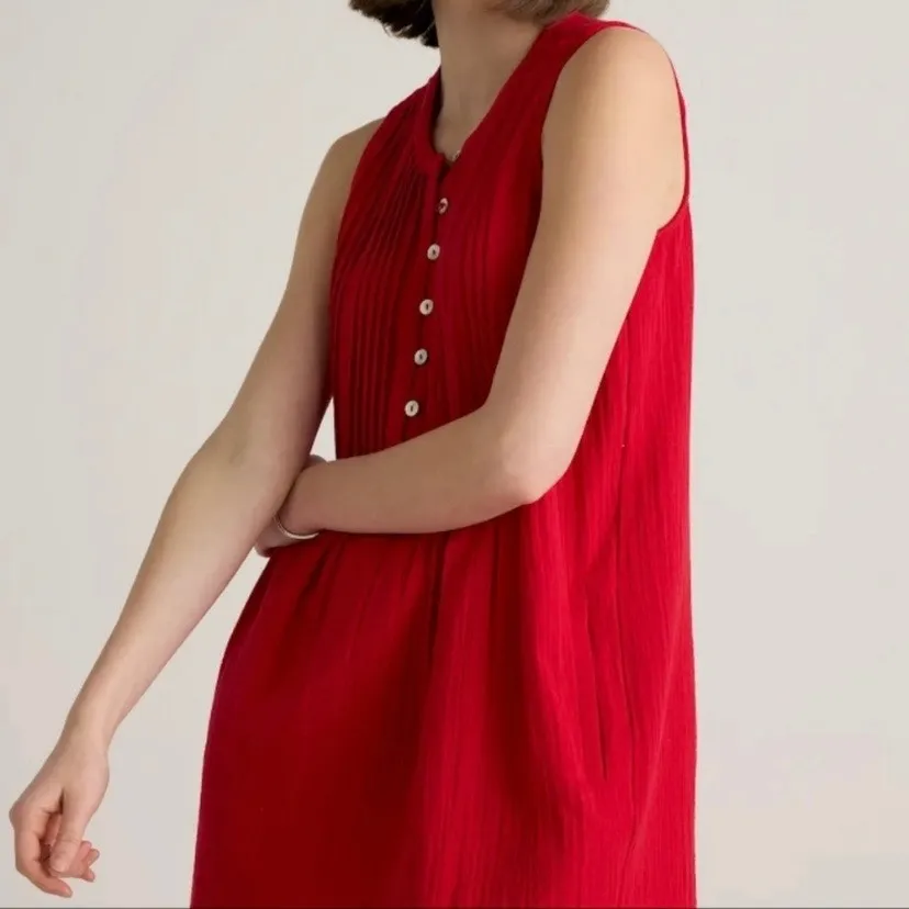 Quince Red Wild Cherry Organic Cotton Gauze Sleeveless Swing Dress Sz.M - Image 5