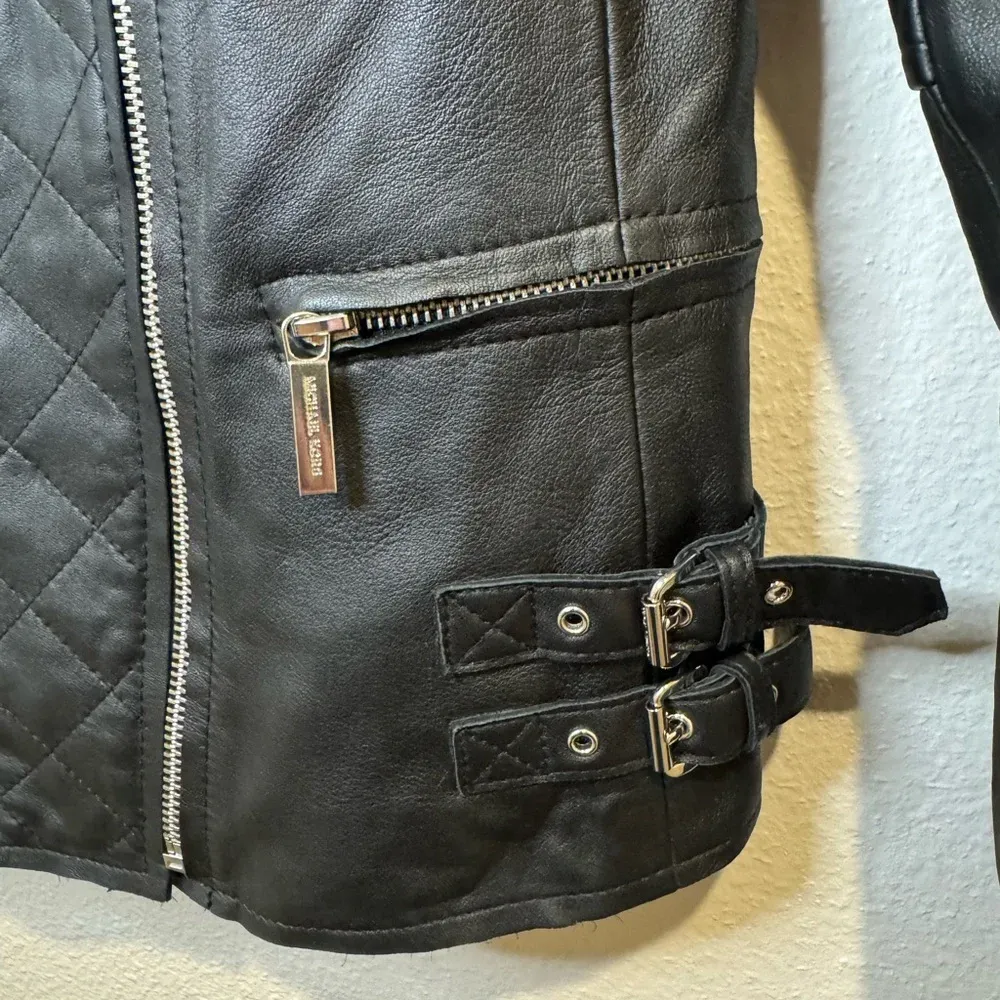 MICHAEL Michael Kors 100% Leather Moto Black‎ Jacket Size XXS Black - Image 7