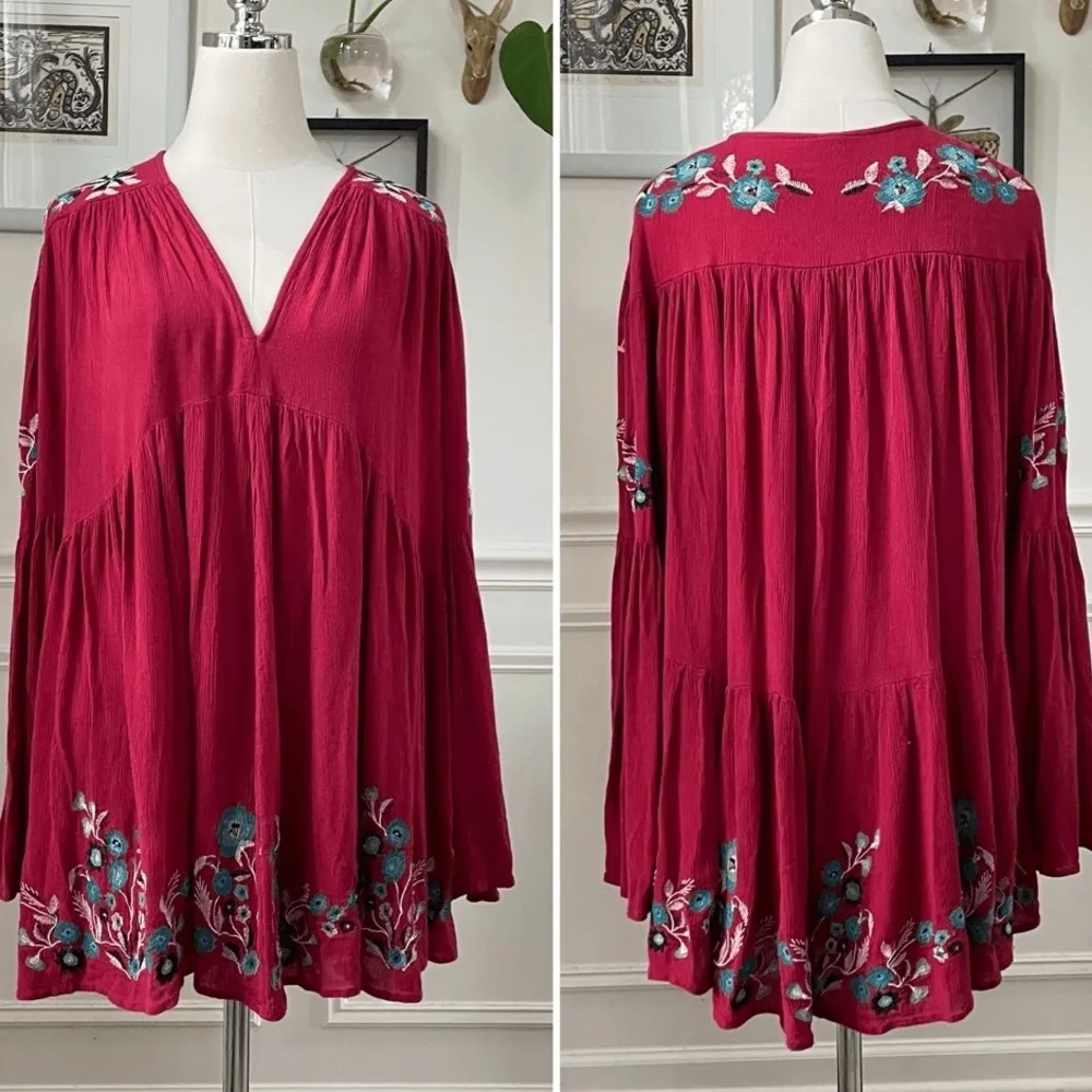 Free People Te Amo Red Embroidered Babydoll Mini Dress Sz Large - Image 5