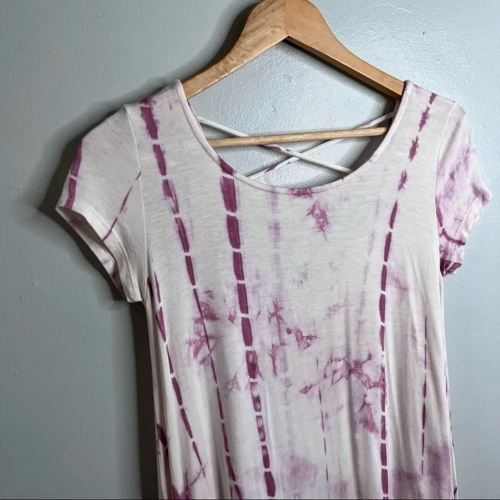 Tie Dye Oversize Tunic Dress with Criss Cross Back. Pink White Small - Image 2
