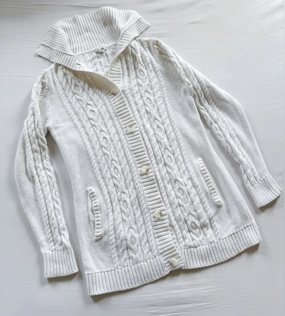 Vintage Y2K LL Bean Cotton Cable Knit Cardigan Sweater White Women's S Size undefined - Image 1