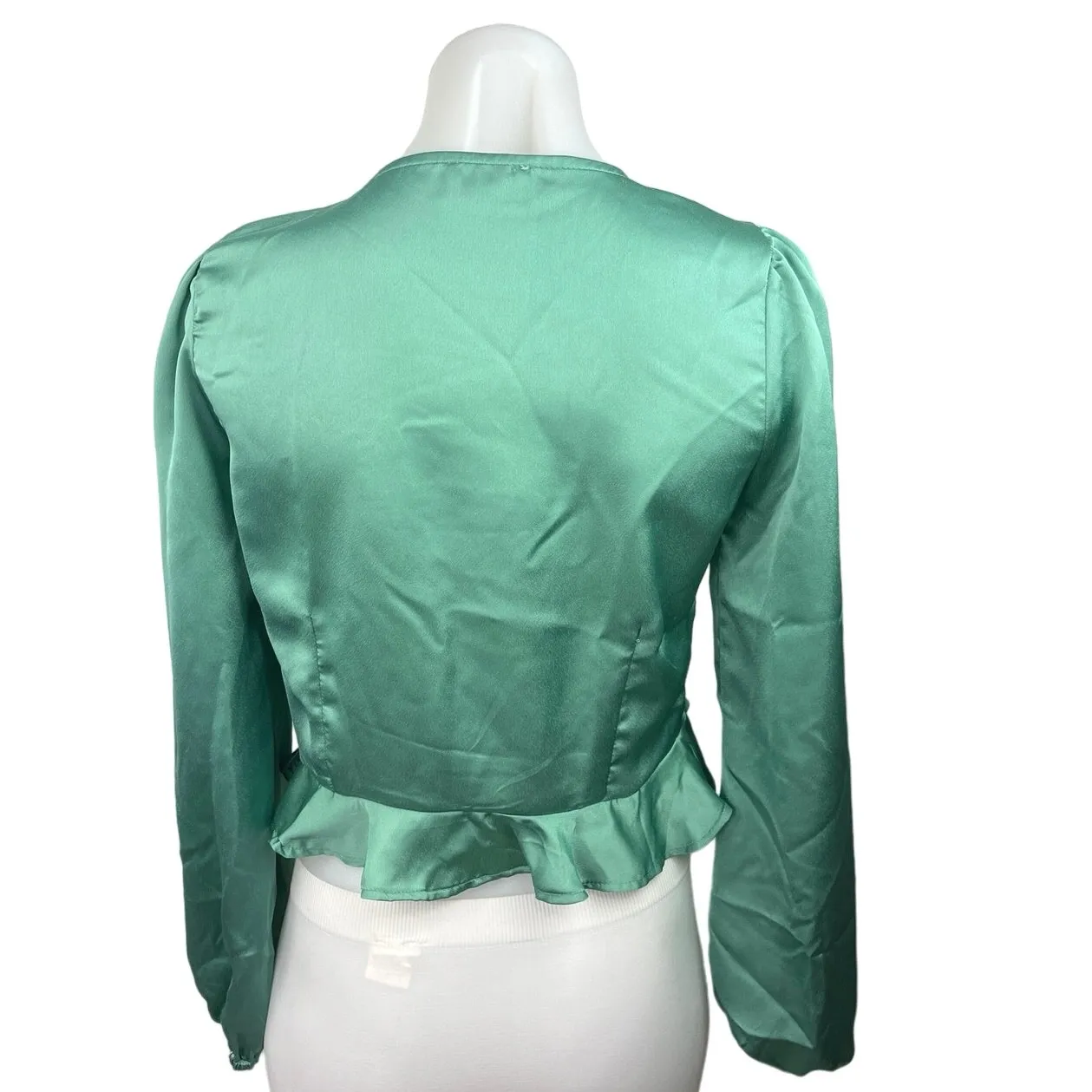 Sage The Label Green Silk Satin Peplum Tie Long Sleeve V-Neck Crop Top Blouse S - Image 2