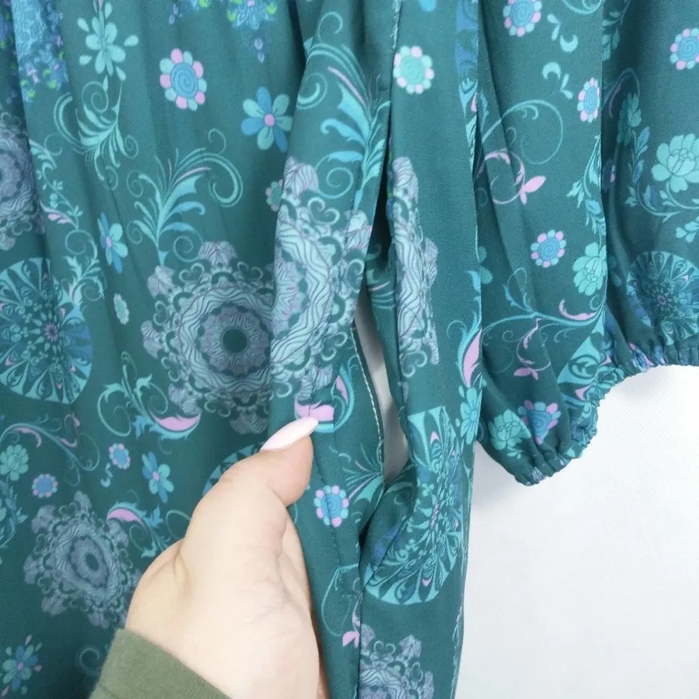 WAYWARD FANCIES Graphic Floral Print Crepe Ruched Asymmetric Waist Maxi Dress 2X - Image 9