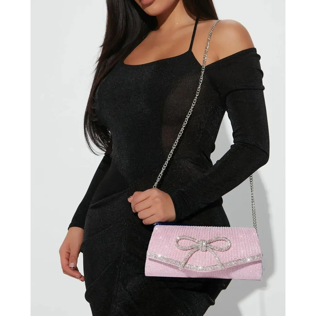 ⚡Women's Light Pink Bow Sparkly Glitter Evening Rhinestone Party Prom Clutch Bag - Image 3