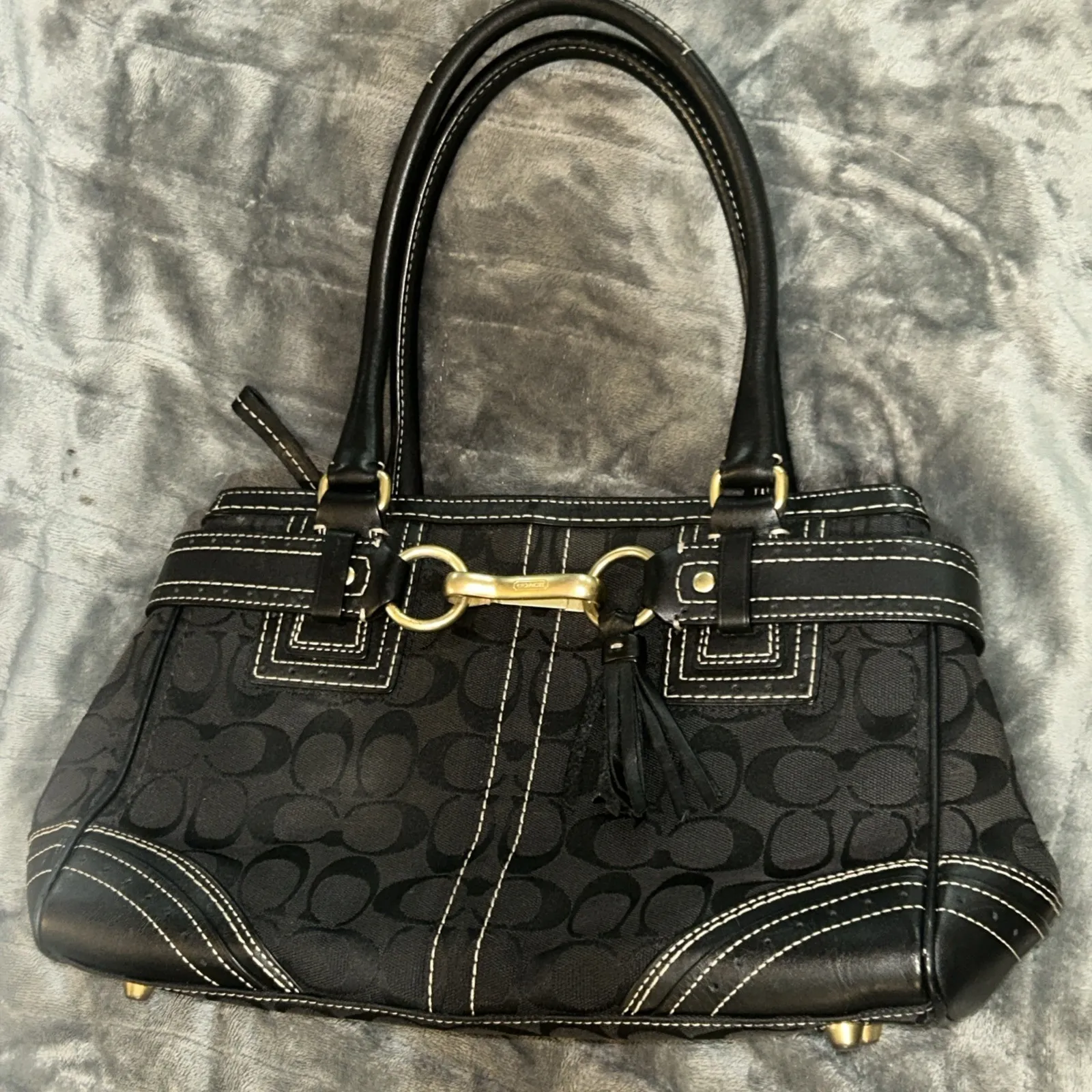 Coach Vintage Y2k Black Hampton Jacquard Signature Leather Trim 
