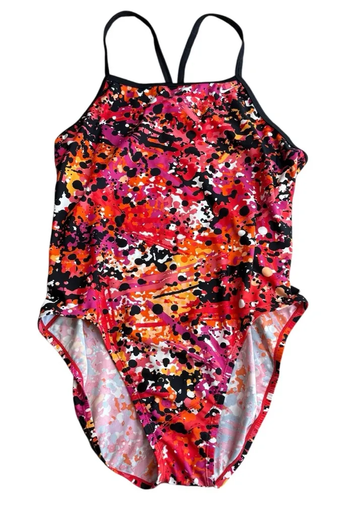 Nike Women’s Size 14 One Piece Swimsuit Red Orange Abstract Open Back Sporty‎ - Image 1