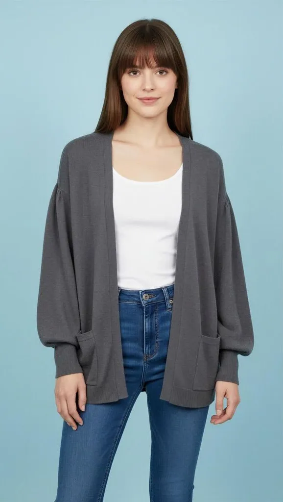 Hinge Size M Gray Knit Balloon Sleeve Open Front Cardigan Sweater Neutral Cozy - Image 1