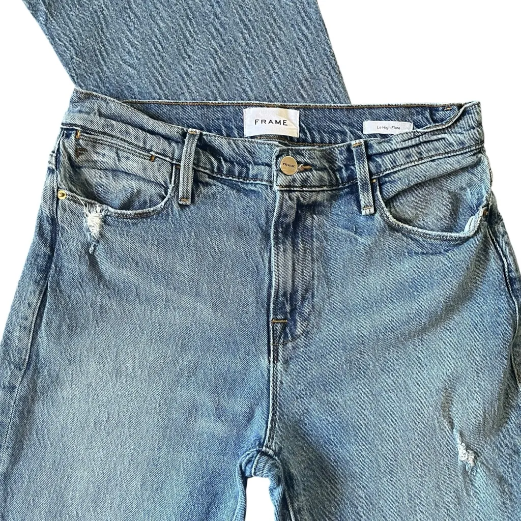 FRAME denim Le High Flare distressed “Crystal Shores Rips” light wash jeans - Image 4