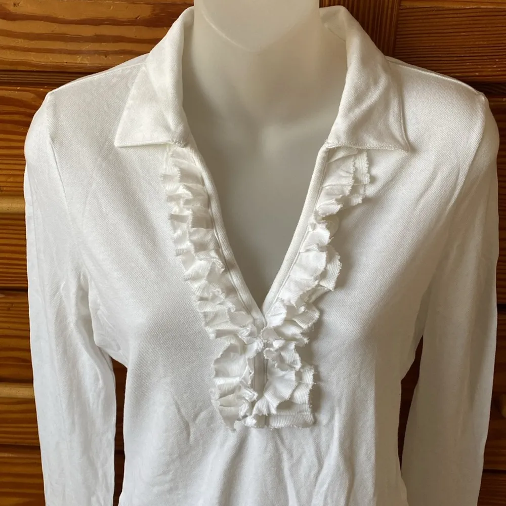 Tory Burch White long sleeve polo S v neck ruffle front cotton spandex - Image 2