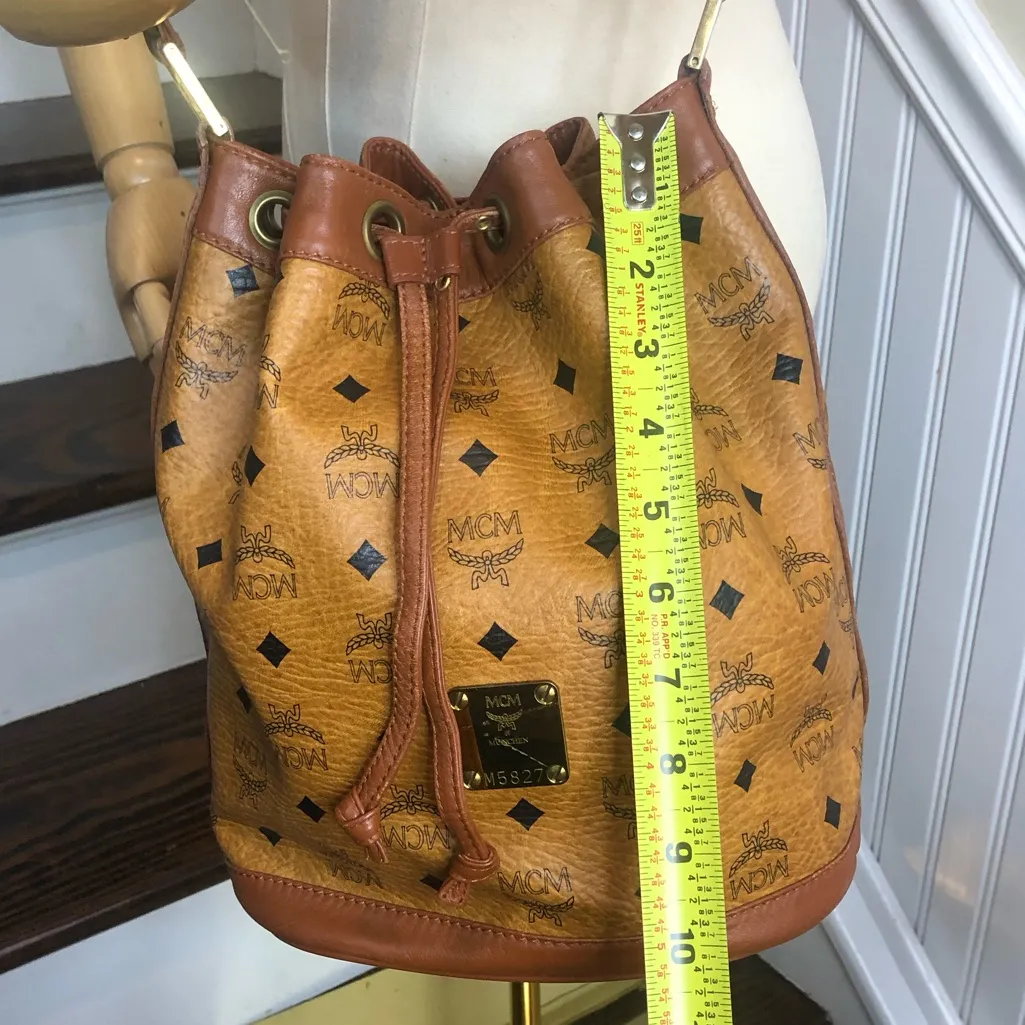 MCM Visetos Cognac Leather Monogram Bucket Drawstring Crossbody Bag EUC - Image 8