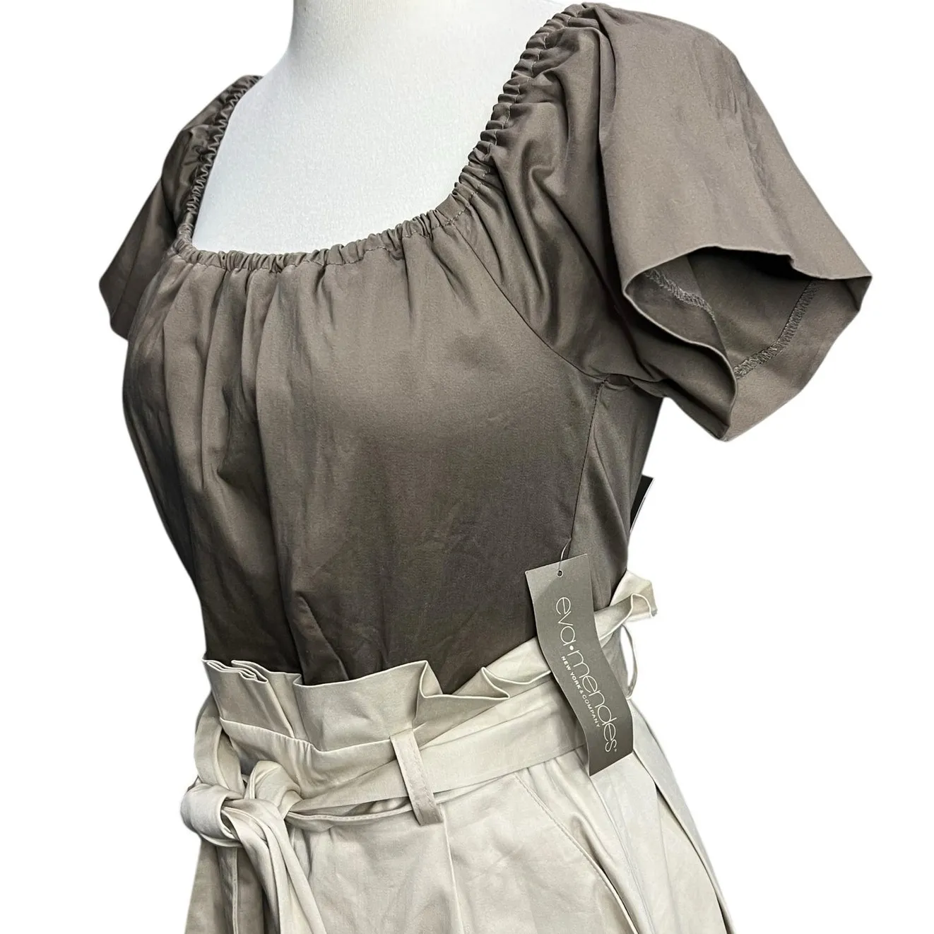 Eva Mendes NYC Midi Dress XS Brown Cream Off The Shoulder Belted Cottage Classic - Image 2