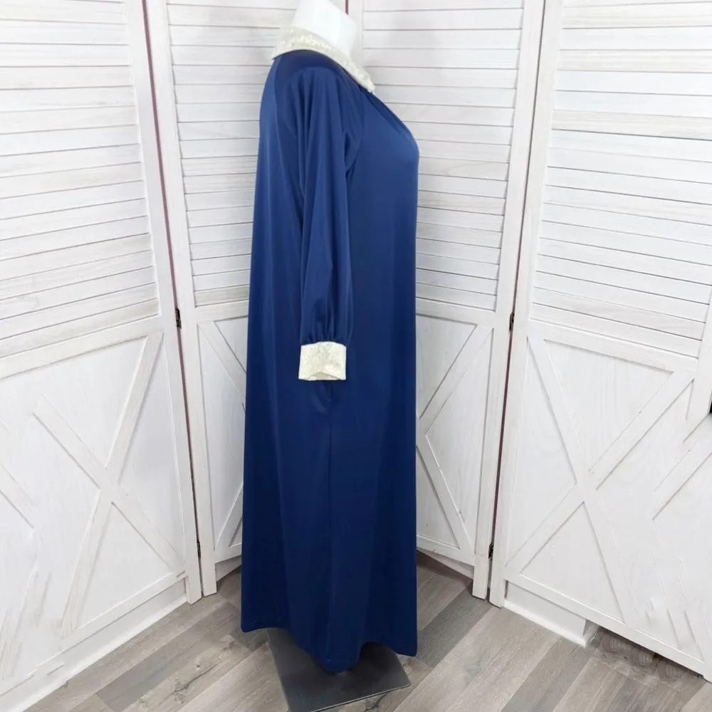 Vintage Shadowline Lace Collar Housecoat Robe Long Sleeve Blue Large - Image 3