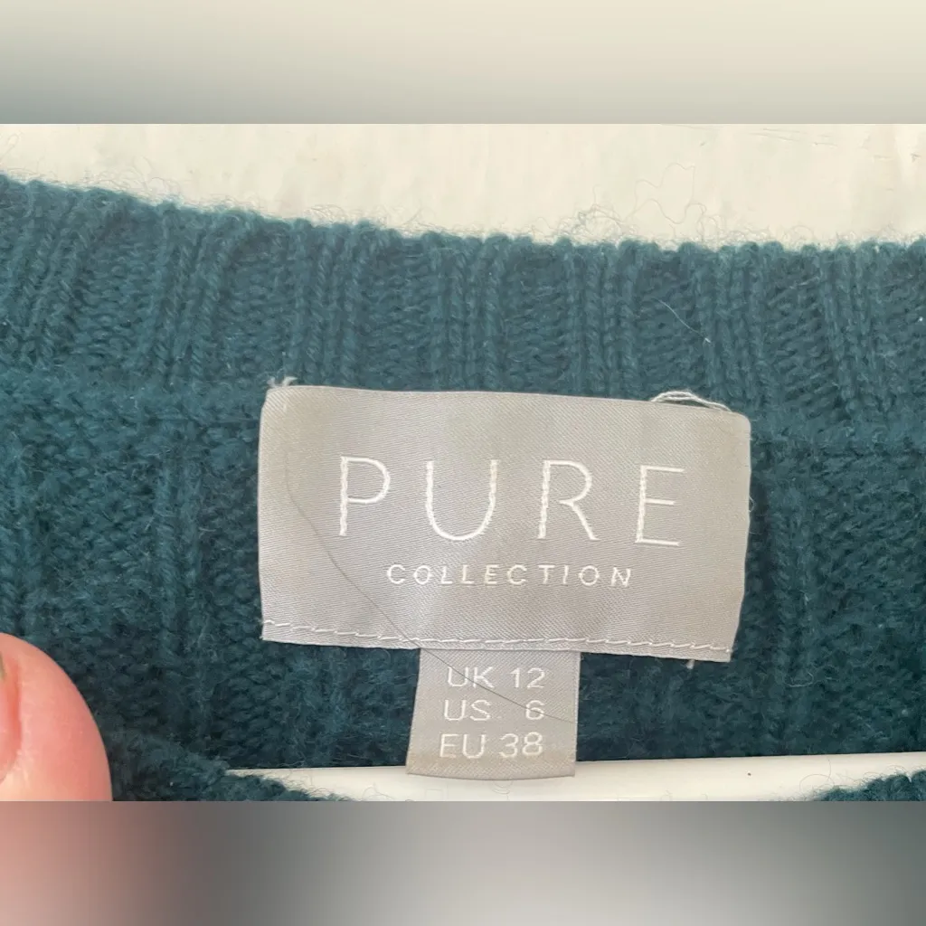 PURE collection green cashmere wool blend cable knit cropped pullover sweater; 6 - Image 3