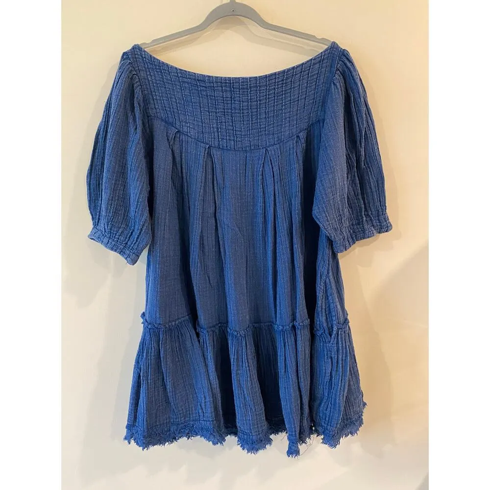 Free People Mystery Land Tunic Medium Boho Cotton Top Dress Blue Flowy - Image 2