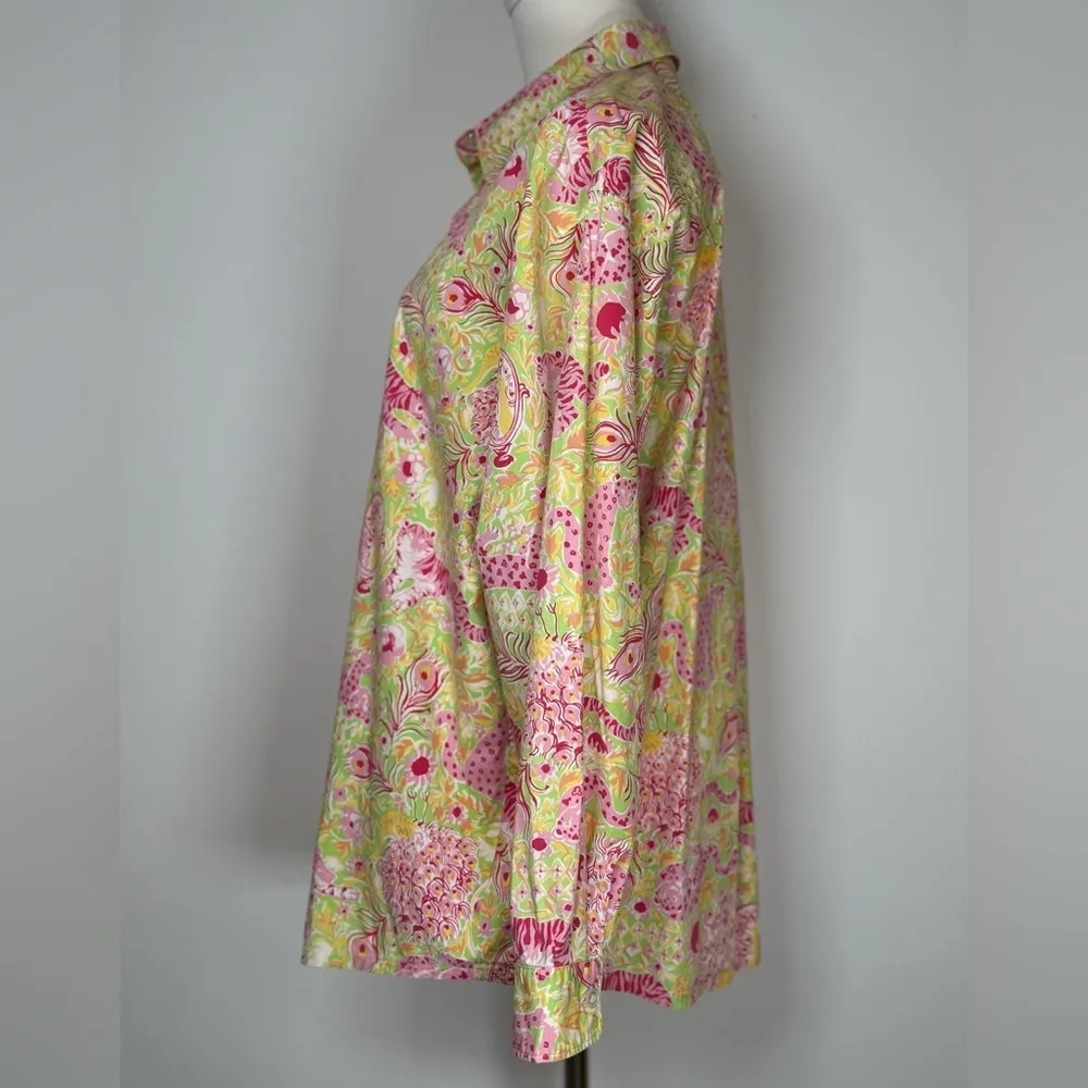 Key West Oversized Animal Beach Print Button Down Shirt 100% Cotton Size Medium Pink - Image 3