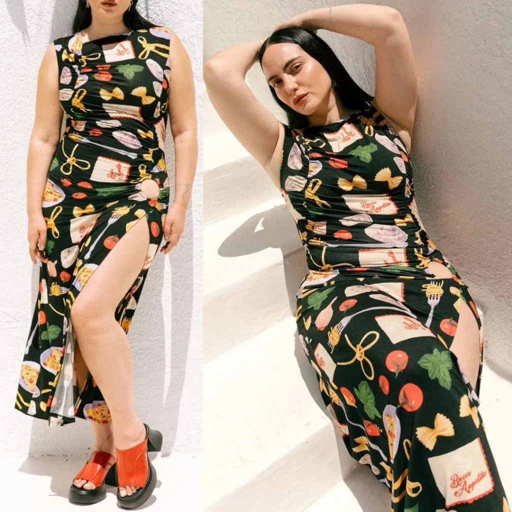 Lisa Says Gah Buon Appetito Food Print Savannah Cinch Dress Maxi Cutout Novelty Black Size L - Image 5