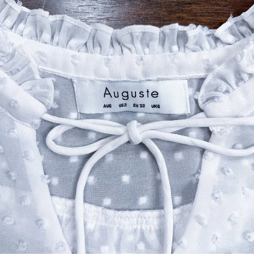 Auguste The Label • swiss dot blouse sheer white flowy bell sleeve tie neck Size 2 - Image 3