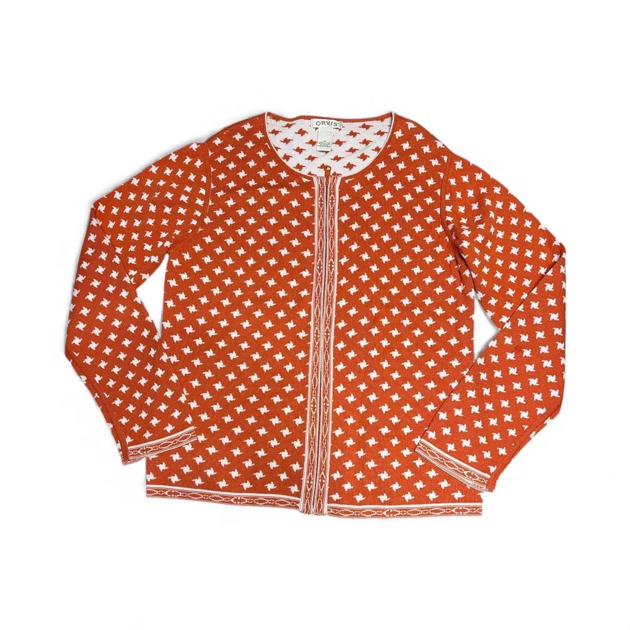 Orvis Star Knit Burnt Orange Zip Front Cardigan size Medium - Image 13
