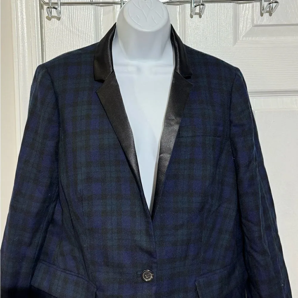 J.Crew Regent Blazer Black Wash Tartan Plaid Black Satin Lapel Size 12 - Image 3