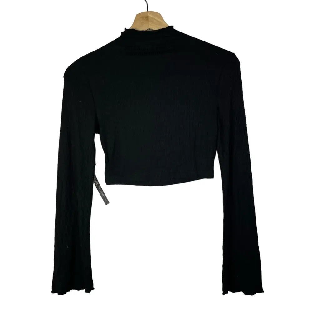 Almost Famous Black Ribbed Mock Neck Lettuce Hem Long Sleeve Crop Top S - Image 3
