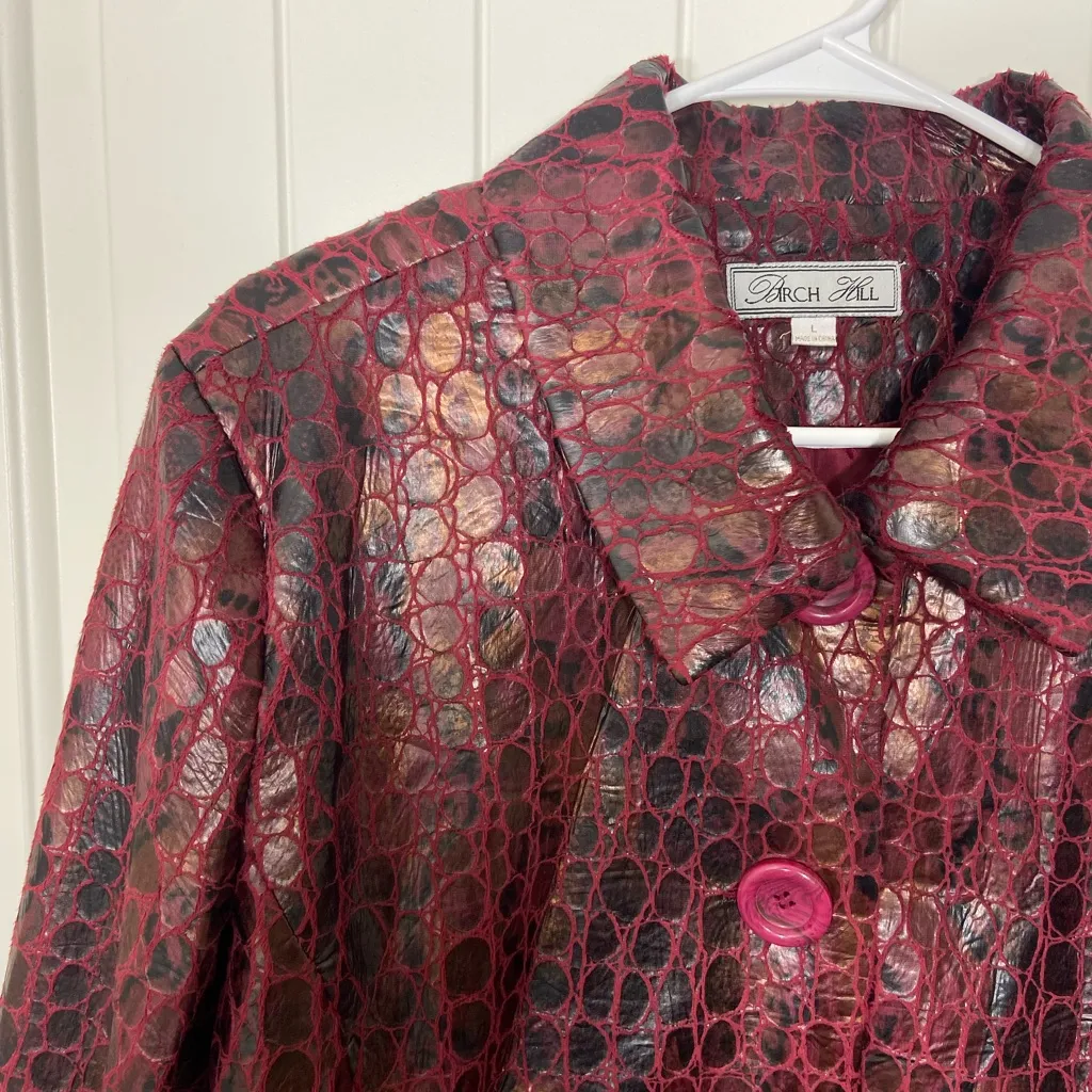Vintage Birch Hill deep red delicate faux leather scale textured button jacket‎ Size L - Image 3