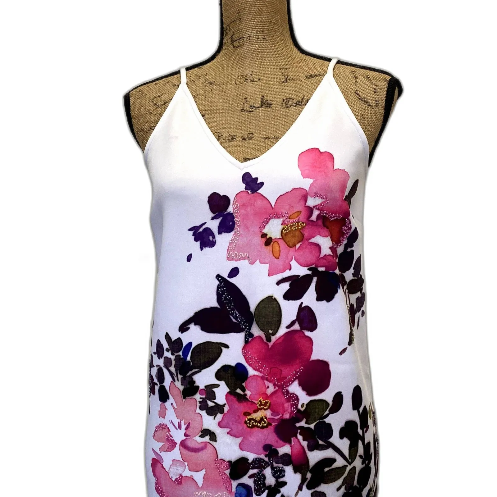 NWT ASOS Scuba Knit Bodycon‎ Dress White Pink Floral Print Beaded US Size 2 - Image 2
