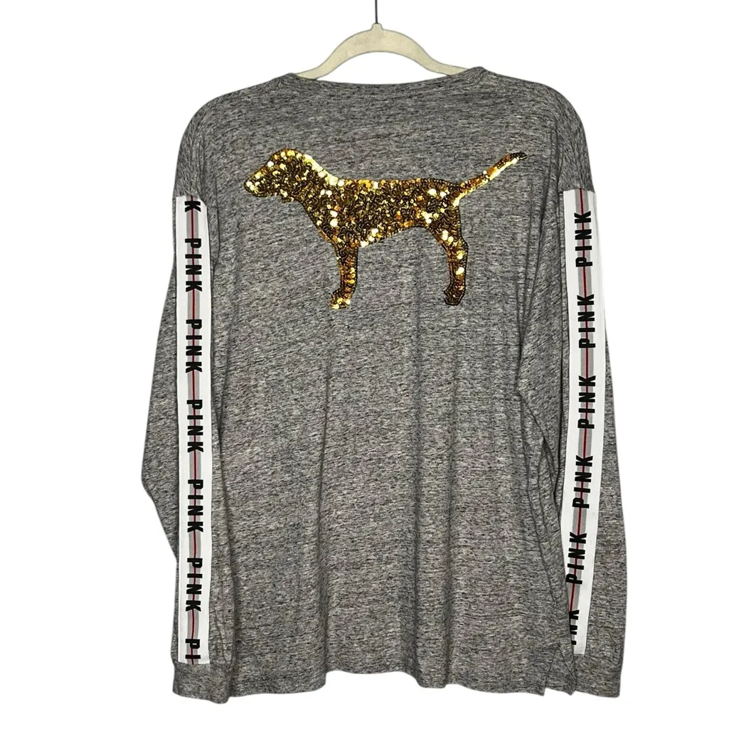 Victoria’s Secret PINK Grey Gold Sequin Dog Logo Long Sleeve Tee Shirt Size M - Image 6
