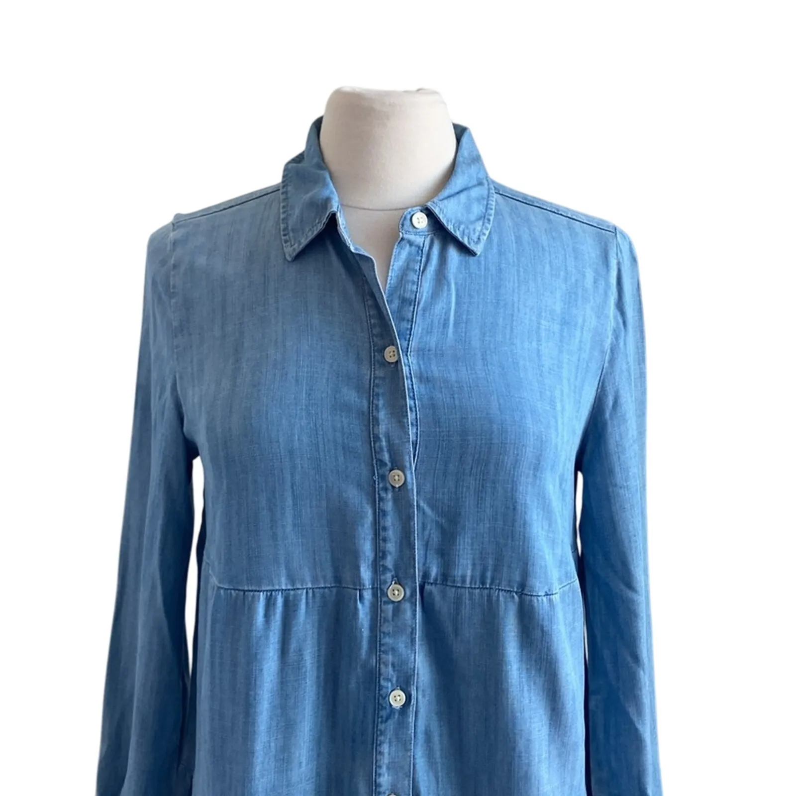 STYLE & CO Chambray Shirt Womens Sz Small Tiered Button Down Boho Blue - Image 3