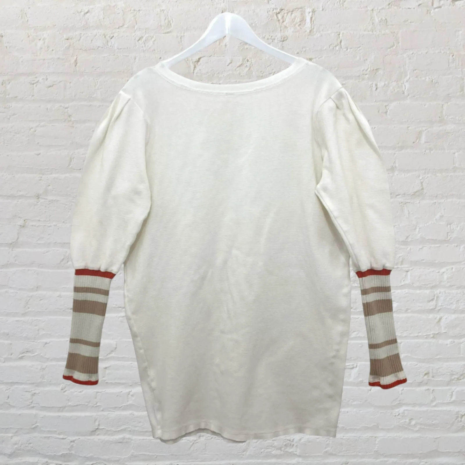 Free People Ribbed Cuff Long Sleeve Top M Cream Striped Knit Cotton - Image 4