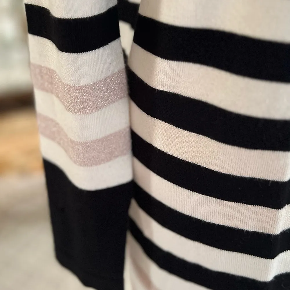 Ivory Cardigan Open Front Striped Black Pink Shimmer Duster Knit M Long Casual - Image 3