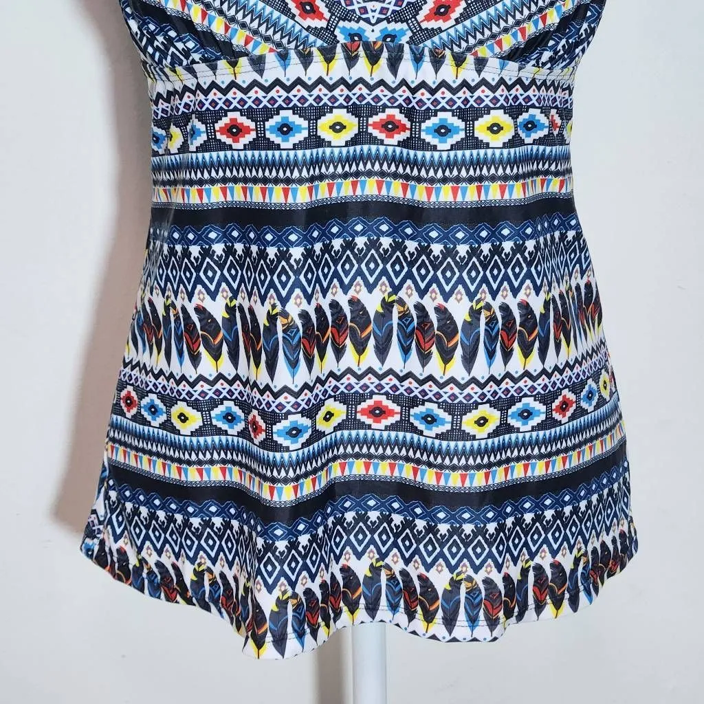 Yonique Feather Print Boho Tankini Top NWT Size Medium Aztec Print Tankini Blue - Image 3