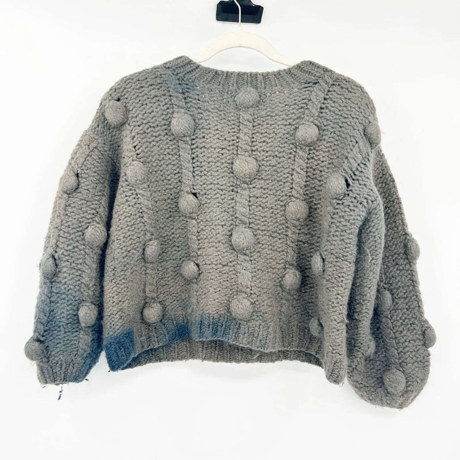 Mirstores Women Cozy Chunky Hand Knit Pom Pom Knot 100% Wool Sweater‎ XS Gray - Image 6