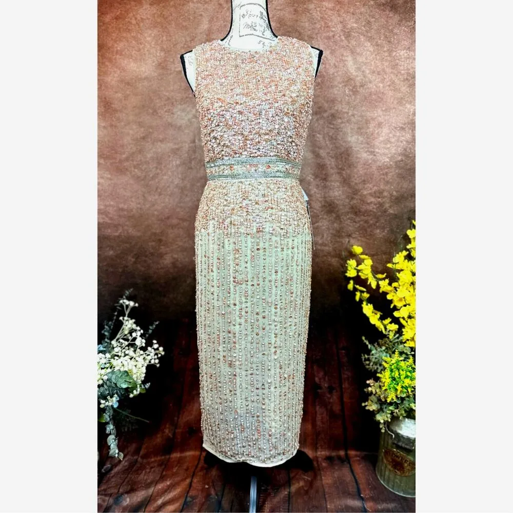 Mac Duggal Sleeveless High Neck Beaded Sheath Dress Nude 4 - Image 4