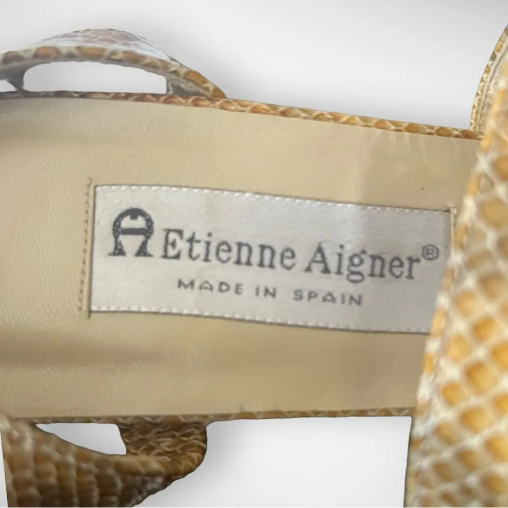 ETIENNE AIGNER Charm Gold Tan Leather Snakeskin Embossed Wedge Sandals 9.5 | EUC - Image 9