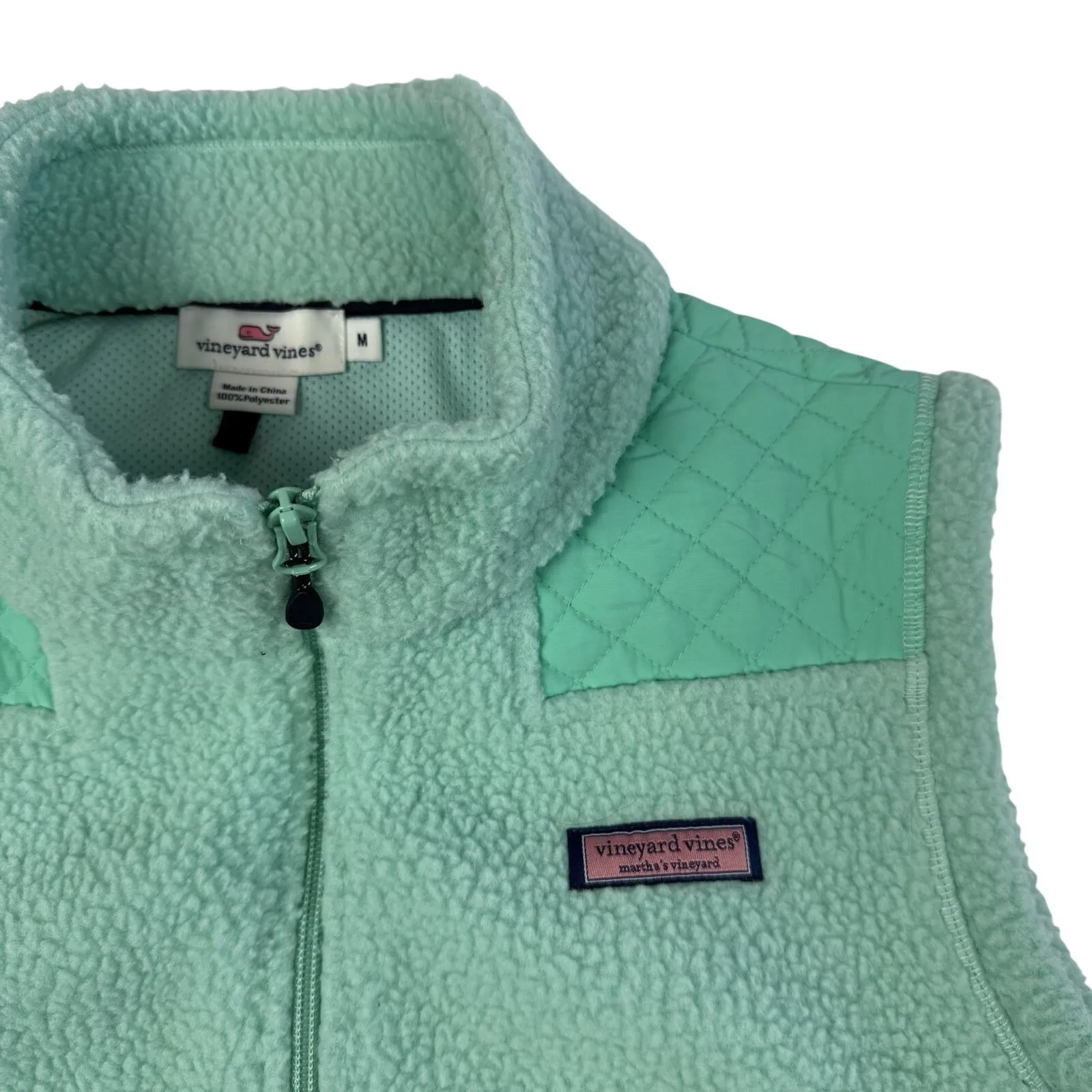 Vineyard Vines Sea View Quilted Mint Green Fleece Vest Women's Size Medium Zip - Image 3
