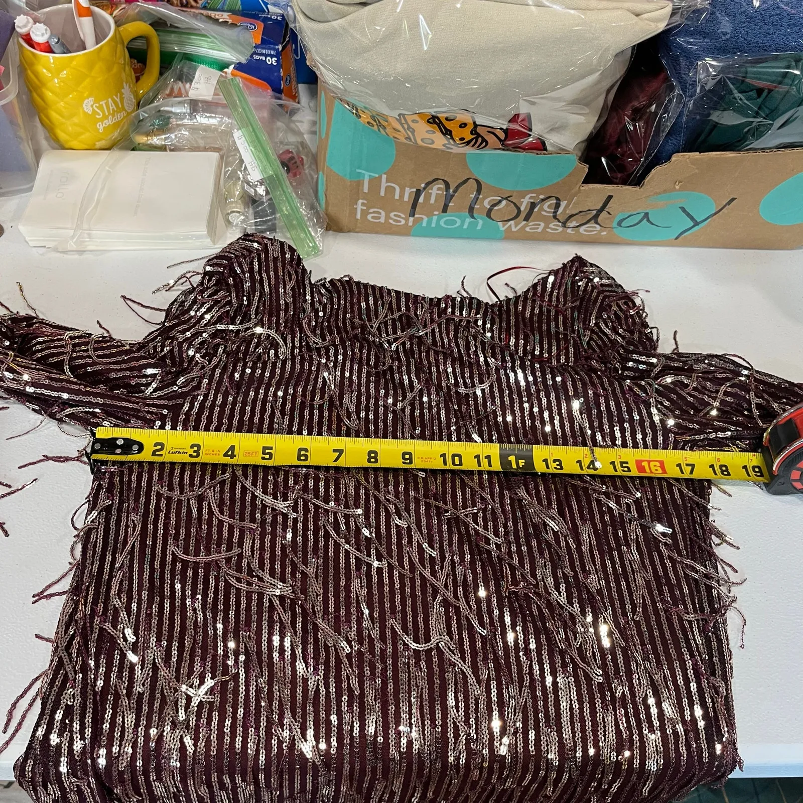 ZARA Burgundy Silver SEQUINNED Dress FRINGE LOW Back Long Sleeve Womens XS - Image 5