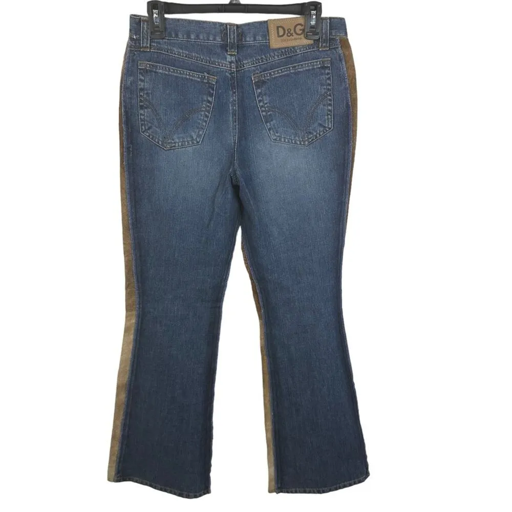 Dolce & Gabbana Denim & Suede Leather Panel Flared Blue Jeans Size 31 - Image 3