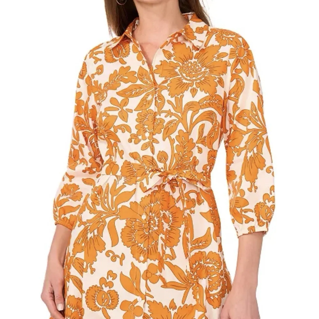 CYNTHIA STEFFE‎ Fit & Flare A-Line Floral Belted Poplin Dress Button Up Sz L - Image 3