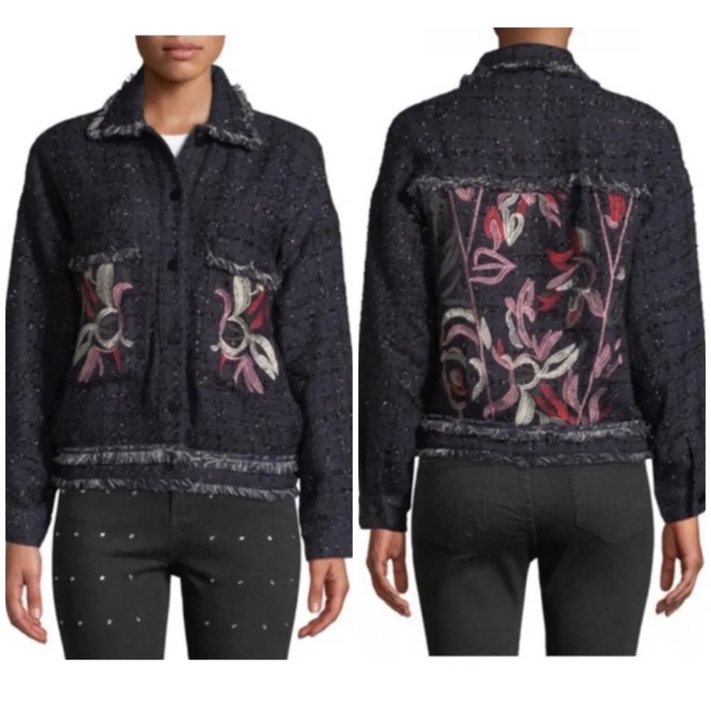 Foxiedox Embroidered Oversized Tweed Boho Cropped Jacket Frayed Edge Boxy Small - Image 2