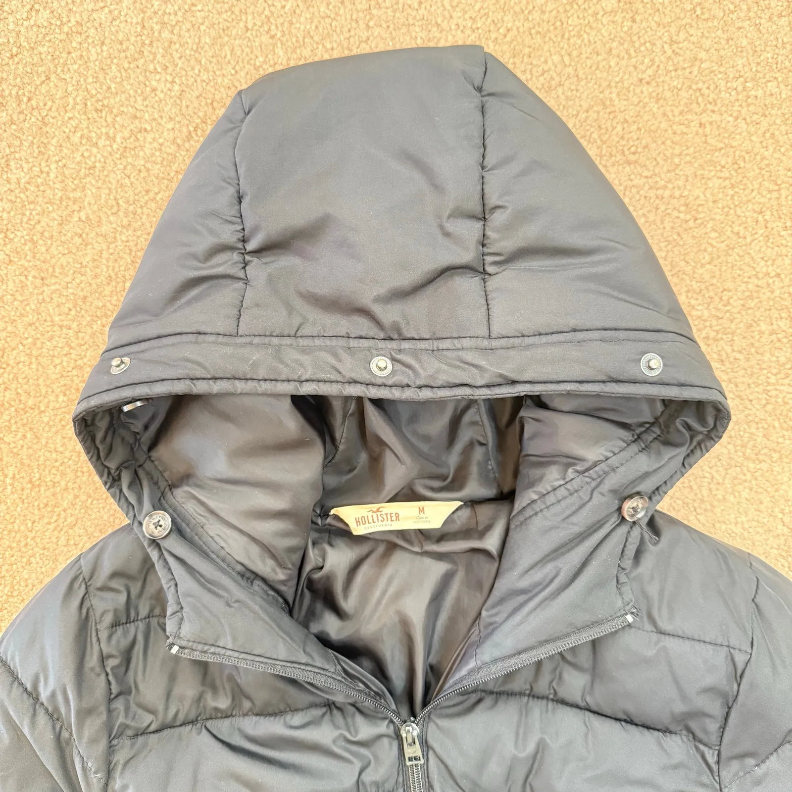 Hollister Y2K Winter Filled Puffer Coat Zip Front Hooded Belted Black Medium - Image 4