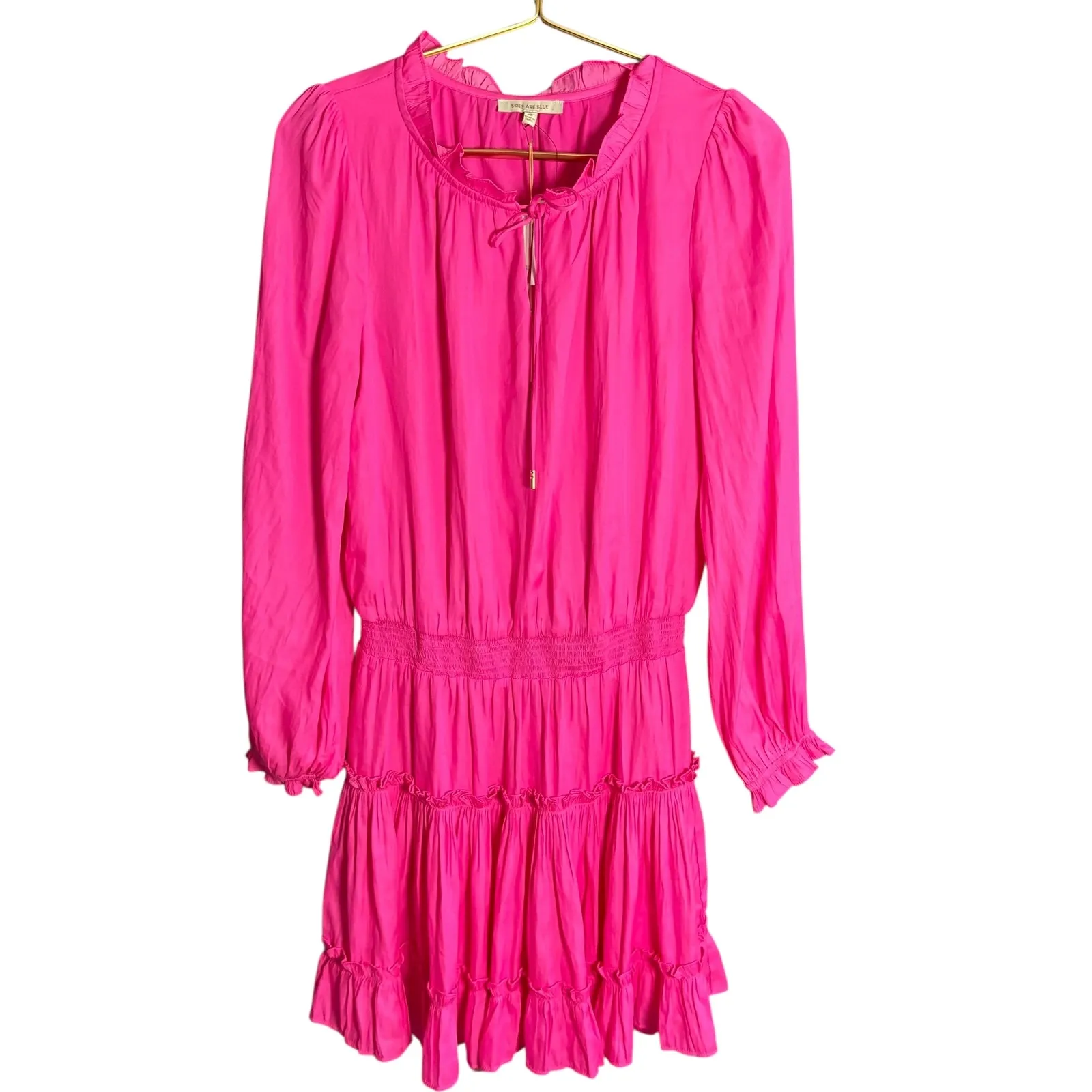 Skies Are Blue NWT Pink Ruffle Neck Tie Long Sleeve Smocked Tiered‎ Dress XS - Image 2