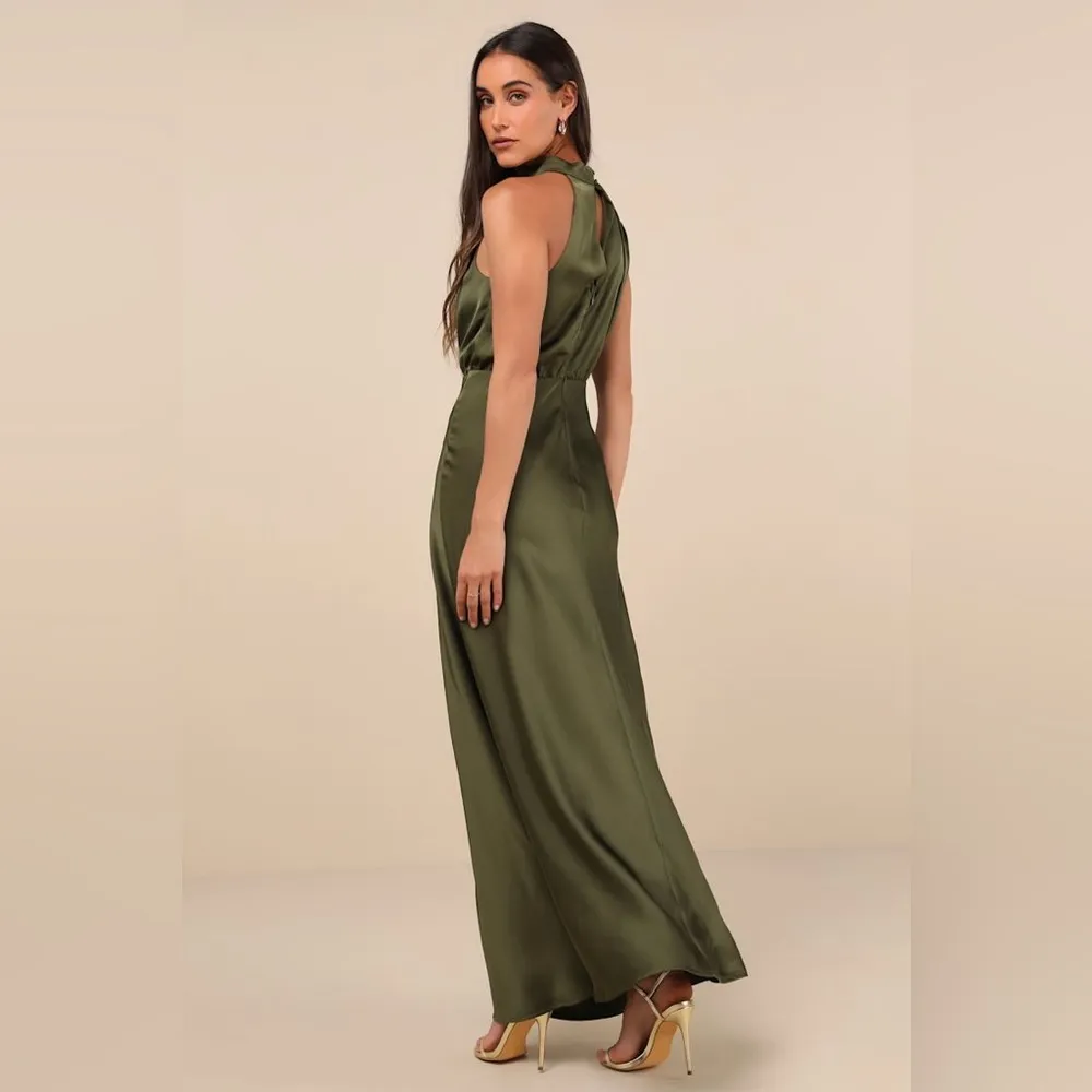 LULU’S Distinctive Charm Olive Green Satin Asymmetrical Maxi Dress - Image 5