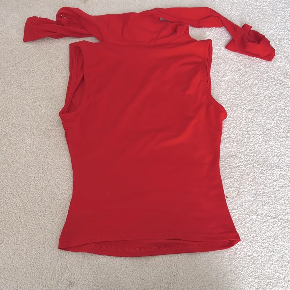 Stunning Trendy Red Fitted Neck with Tie Cowl Top - Image 5