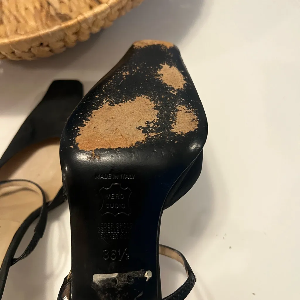 Nouchka black silk square toe mules vintage 6.5 gold embossed hardware - Image 7