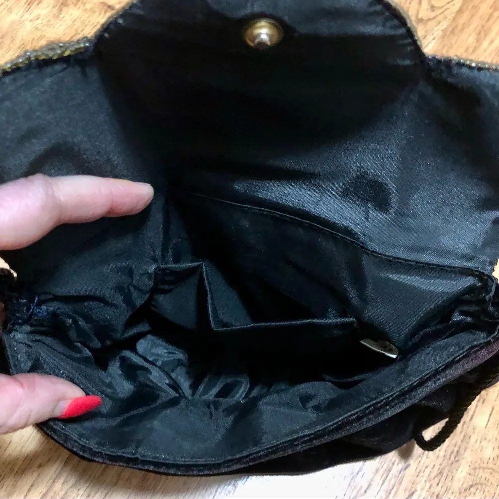 Vintage 70s Crushed Velvet Mini Shoulder Bag Beaded Black Gold Sparkly Art Deco - Image 5