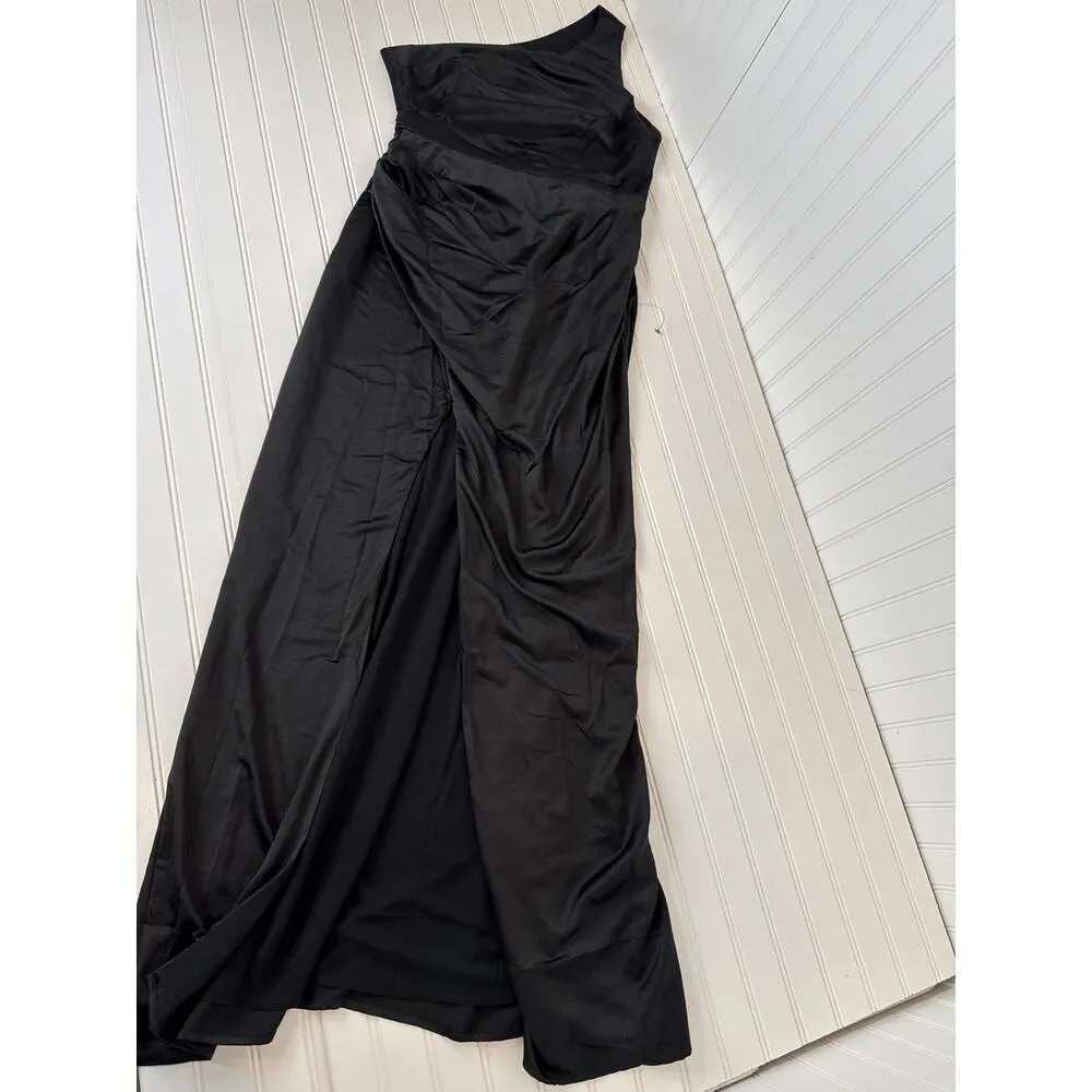 NWOT Lulus Dreaming of Elegance Black Satin One-Shoulder Maxi Dress Wedding Sz L - Image 2