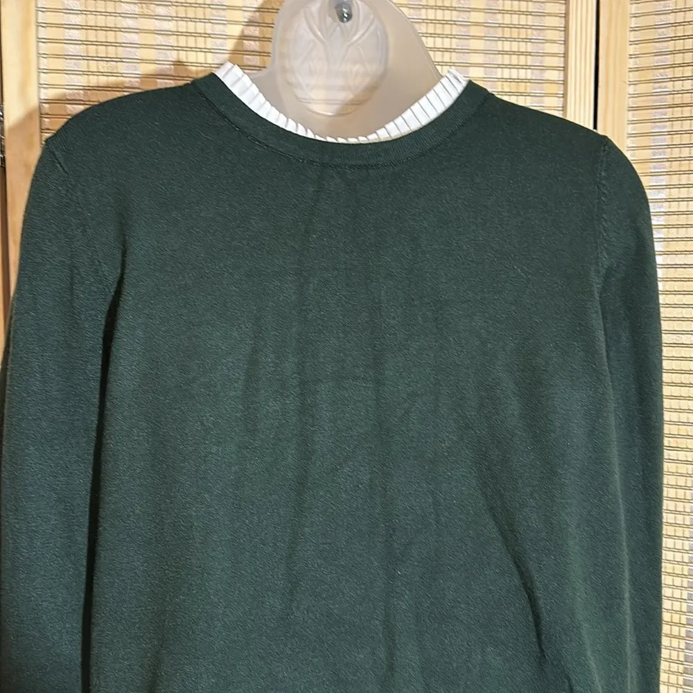 Vila Milano Dark Forest Green Sweater With White Faux Shirt Collar Cuffs Medium - Image 12