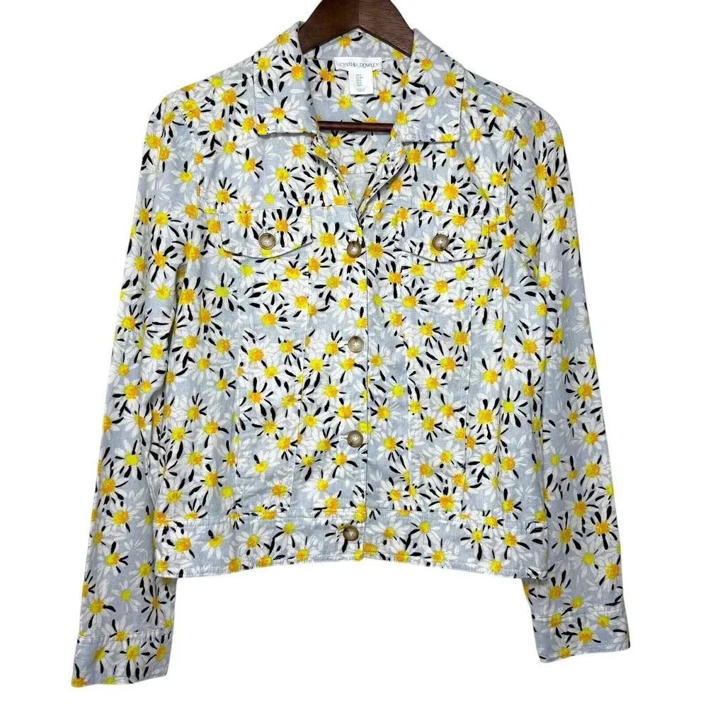 Cynthia Rowley Linen Jacket S Daisy Print Powder Blue‎ Lightweight Pockets $198 - Image 2