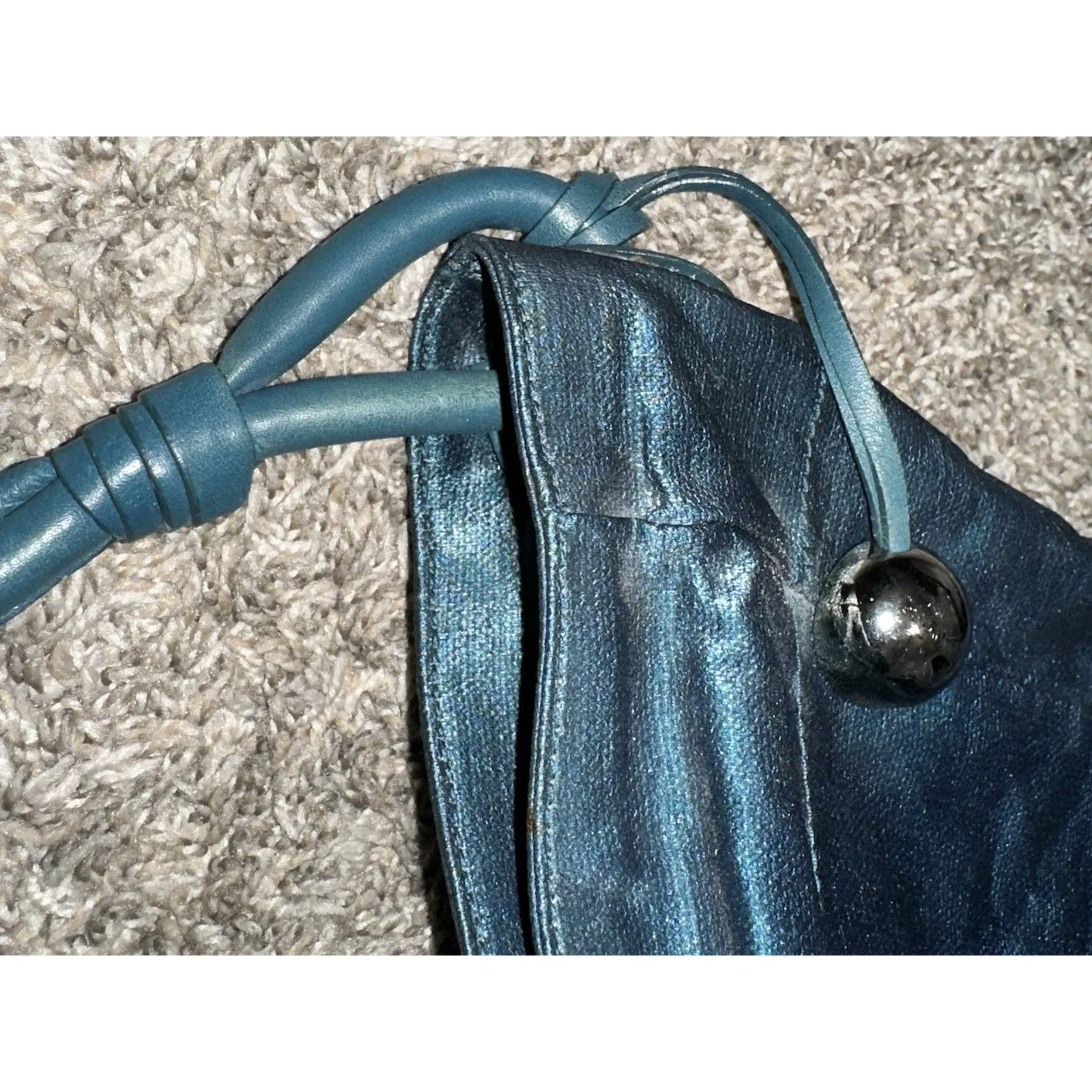 Vintage Furla Large Teal/Petrol Blue Iridescent Leather Shoulder Bag Hobo Tote - Image 7